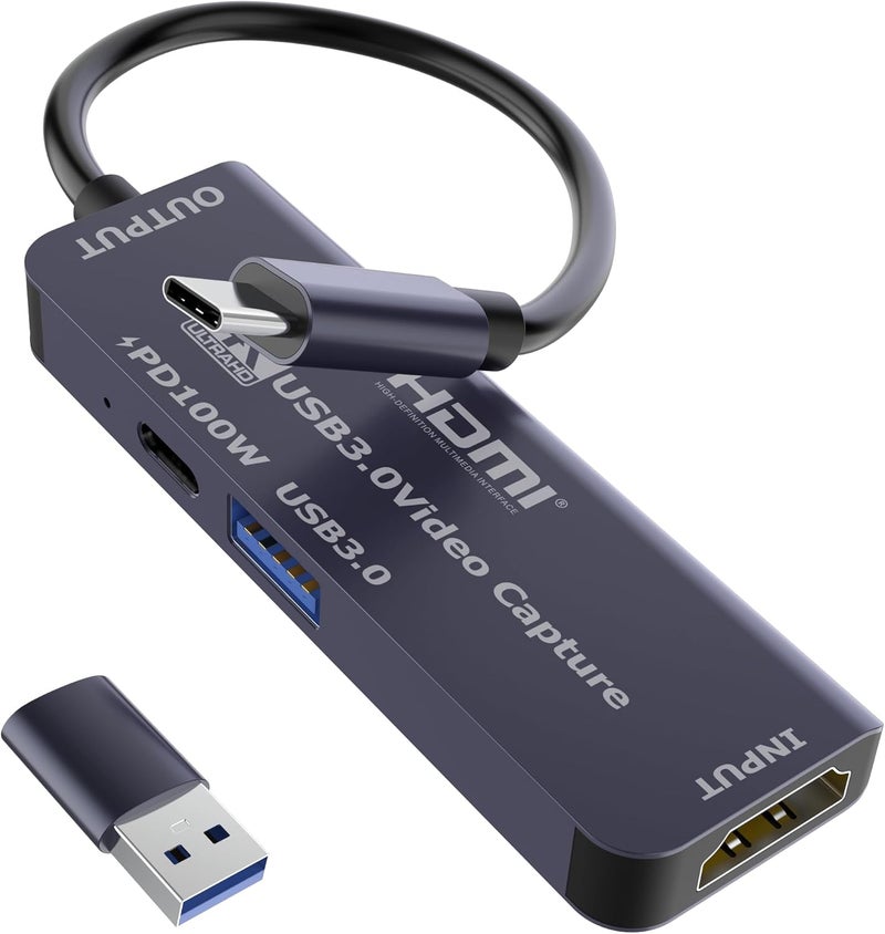 Dbilida USB 3.0 Video Capture Card with PD 100W, Recording 4K, 1080P 60FPS, HDMI to USB-A/USB-C Capture Card with USB 3.0 Port for Quest 3, Switch, PS5/4, Camera, Xbox, Tablet PC - Image 1